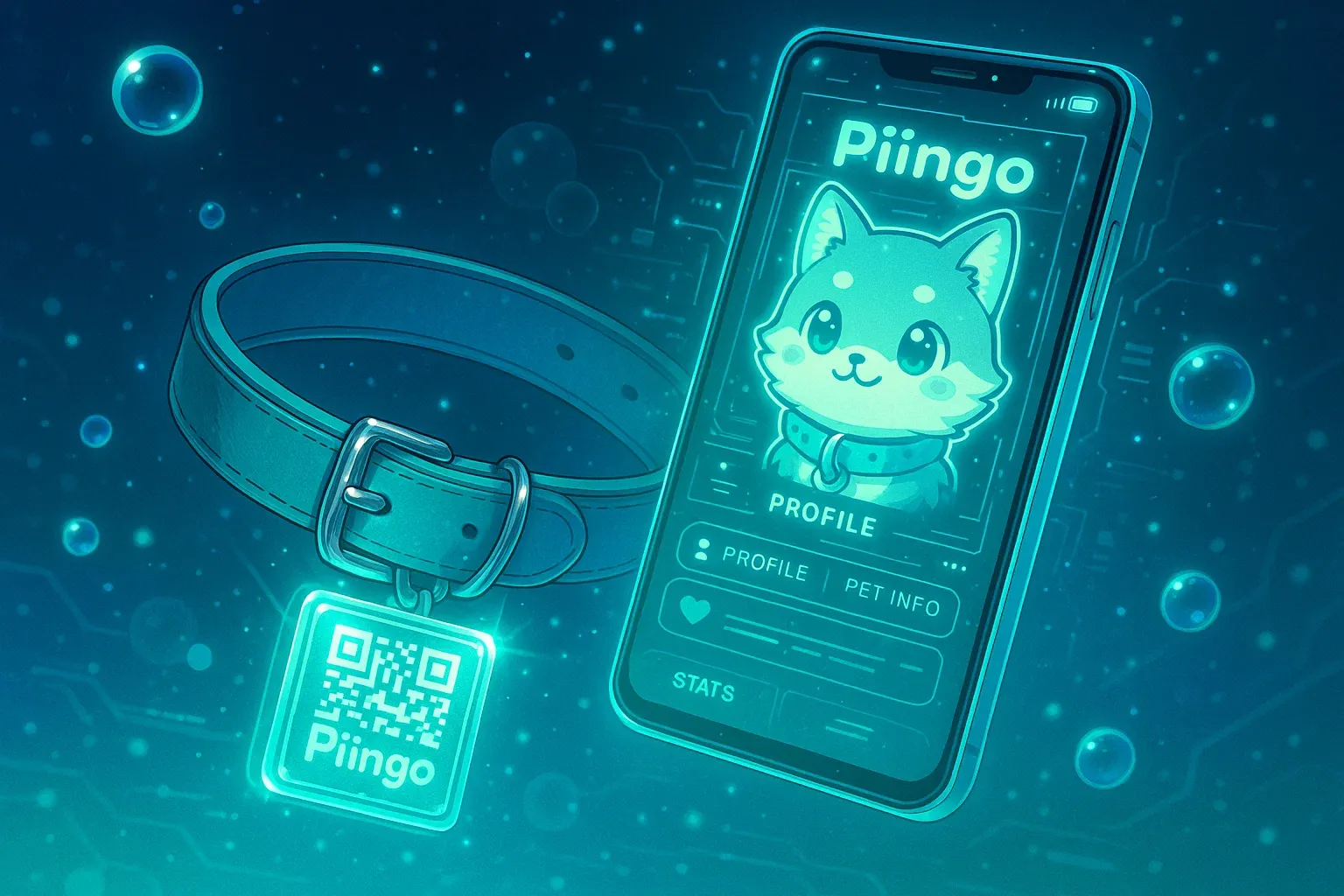 Collar con QR de Piingo y smartphone mostrando perfil de mascota